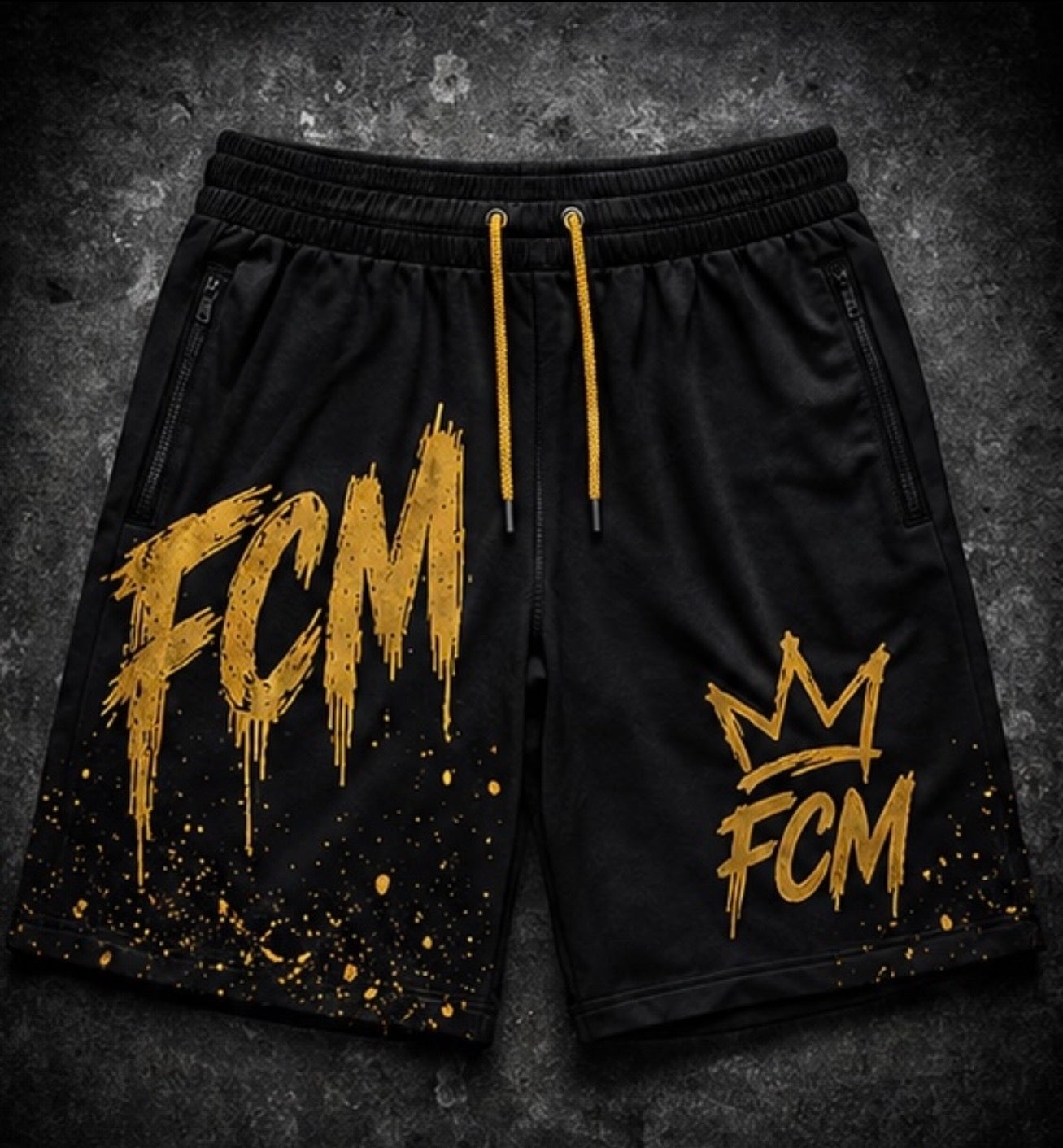 Drip FCM Shorts | Gold Paint Streetwear Athletic Shorts